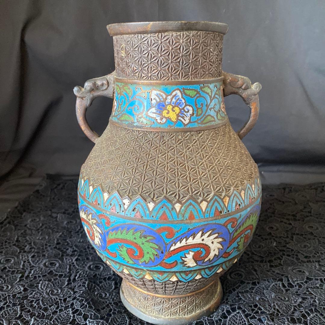 古銅七宝饕餮文耳付瓶/清朝時代-17世紀 銅製/七宝銅胎花器/中国古美術/骨董