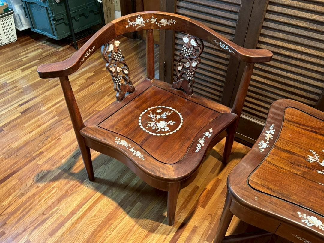 高級家具　螺細細工　花梨　中国美術　サイドテーブル　椅子　唐木　家具　木製