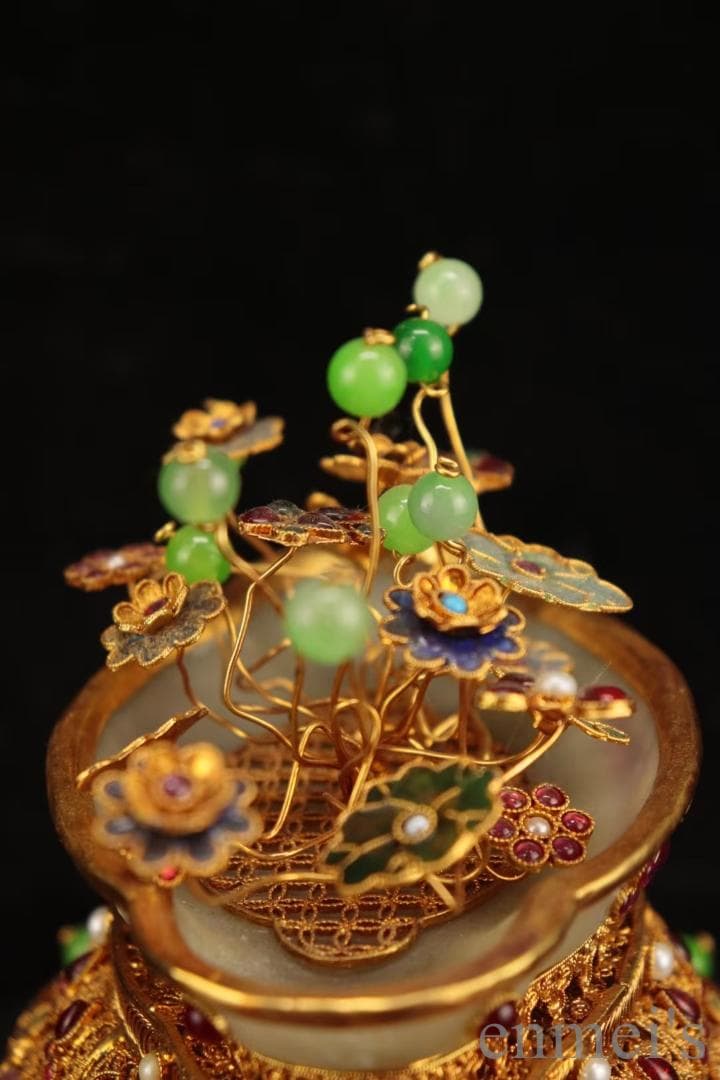 中国古美術 旧蔵清代 花絲嵌和田白玉飾件 細工 古玩 宝石装飾 文房置物 天然石