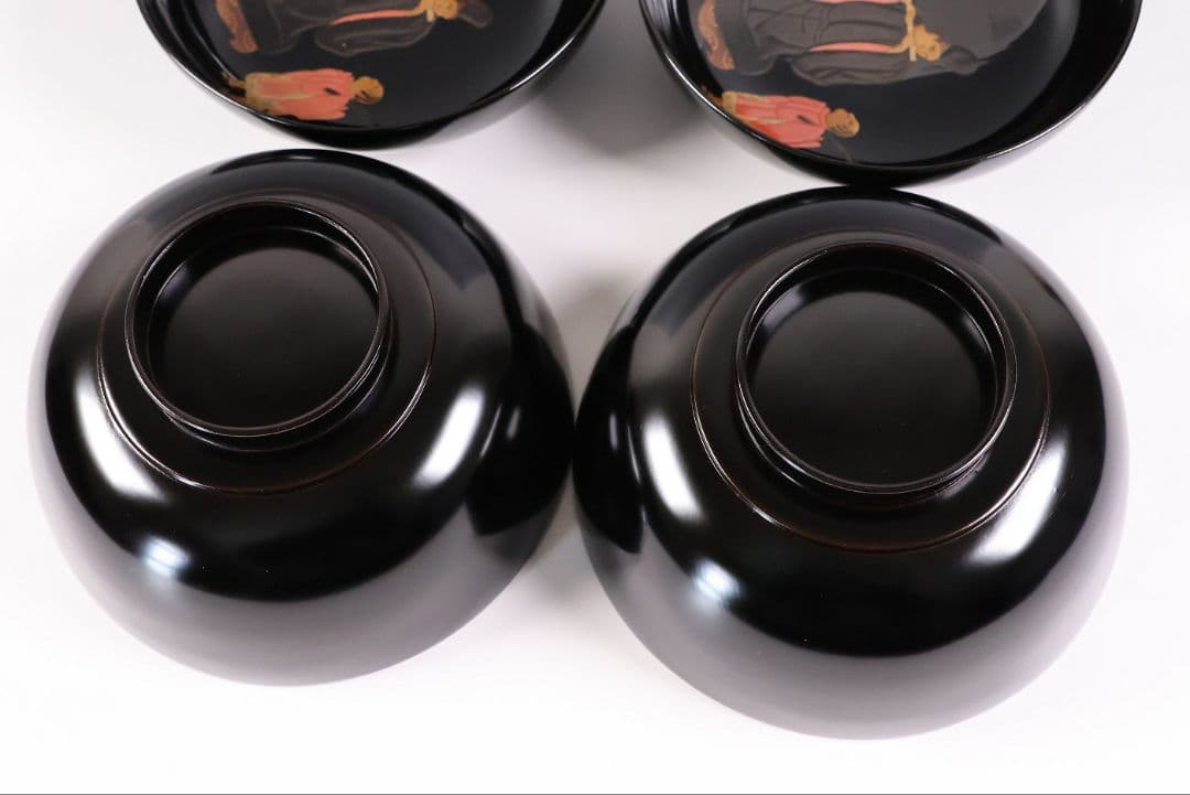 【MB195】輪島塗 天然木漆塗 黒塗椀 二客 蒔絵 大和絵 源氏絵 人物 昭和