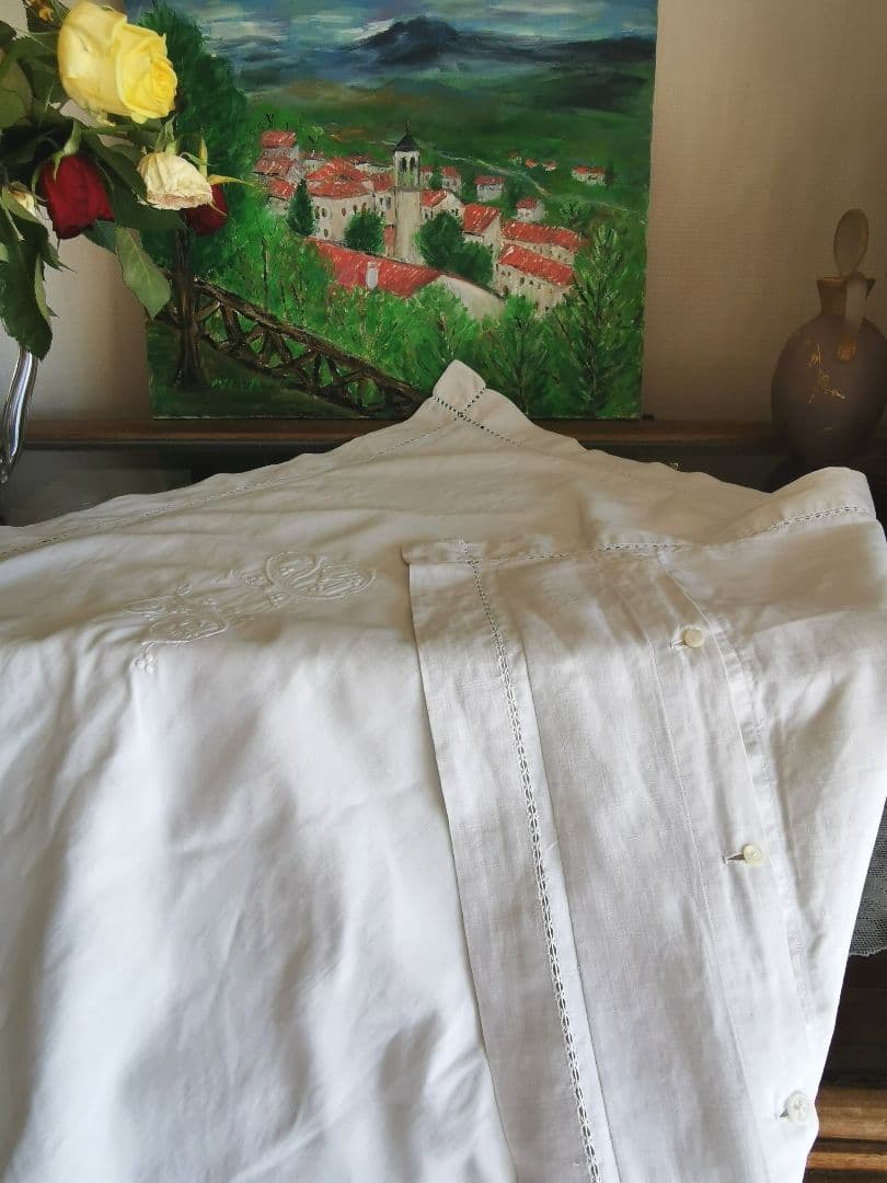 アンティークフランス イニシャル花刺繍 ドローンワーク ラージクッションカバー