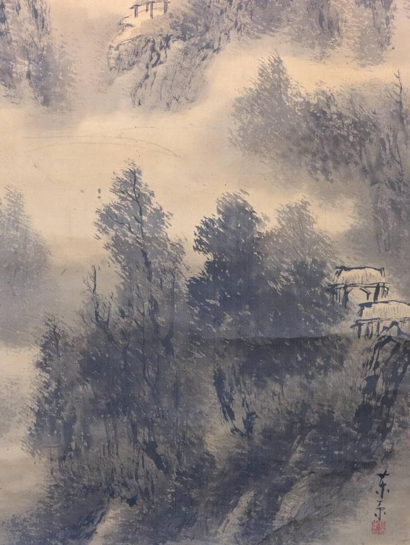 【真作】掛軸　墨濃淡に浮かぶ幽玄山水　静謐なる山岳風景掛軸　合箱入　T54