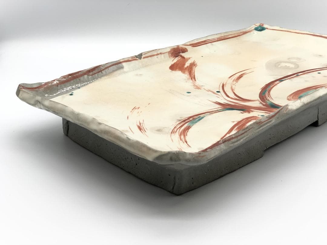 【 古陶磁赤絵 高台角皿 】　厚胎大皿　呉須赤絵/古清水　蔵出骨董