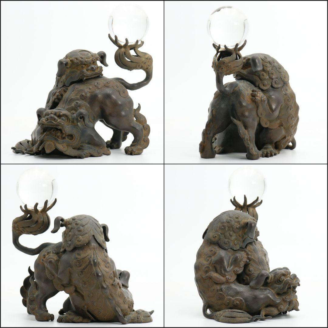 大峰作 蝋型鋳銅製 香炉 戯れ獅子 水晶 高岡銅器 置物 共箱　M588　R9y