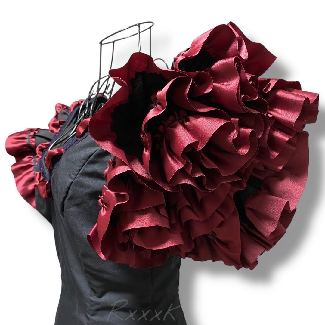 【スペイン製】高級 フラメンコ 衣装 ドレス ワンピース フリル リボン 黒 赤