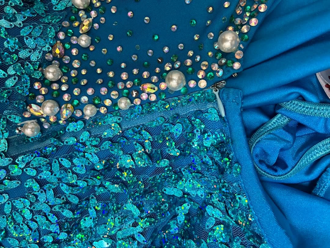 青い社交ダンスドレス スパンコール装飾