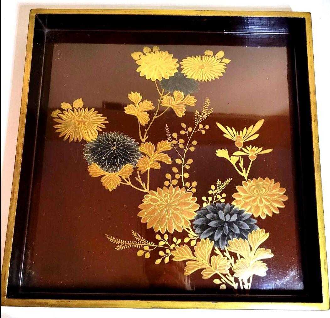 【最終価格】【時代物:文政1825年】金蒔絵 草花文 角盆 2枚揃 共箱　封書付