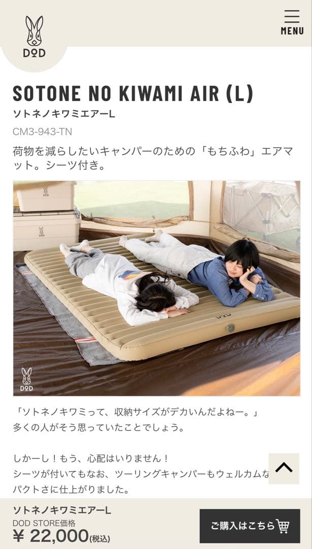 【未使用品】DOD ソトネノキワミエアー　L