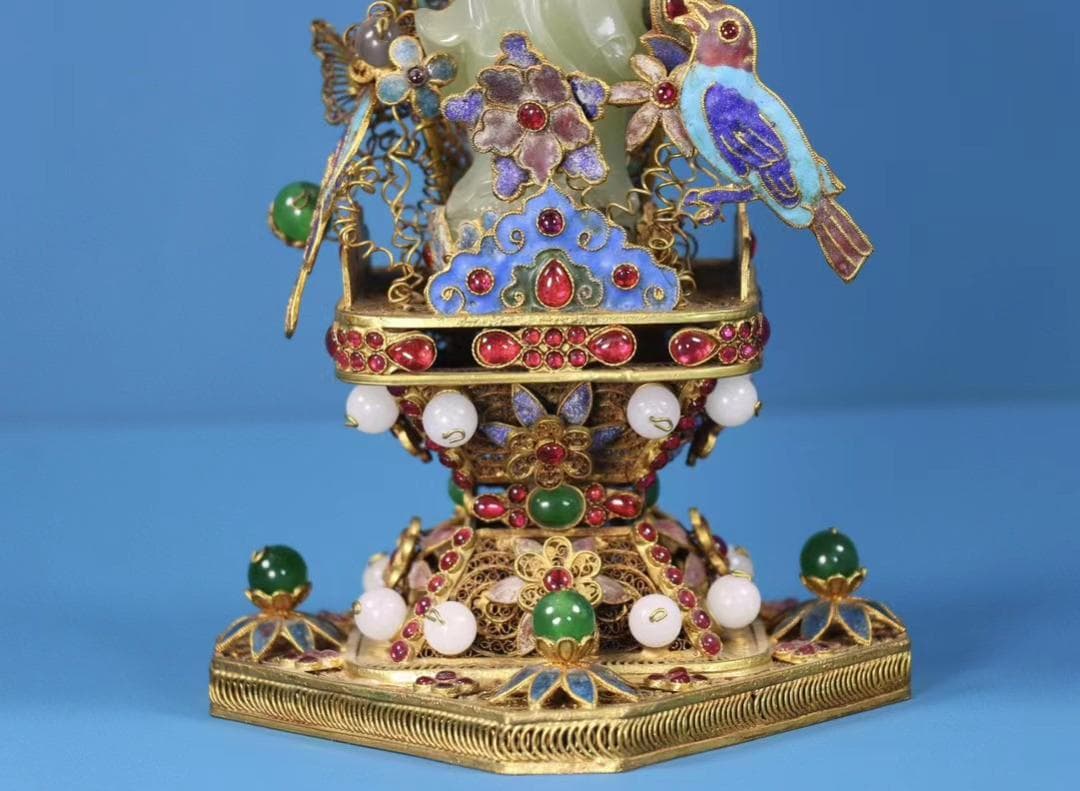 中国古美術・珍品旧蔵・和田玉・掐絲鎏金観音像・置物・純手作り・風水開運・供養仏像