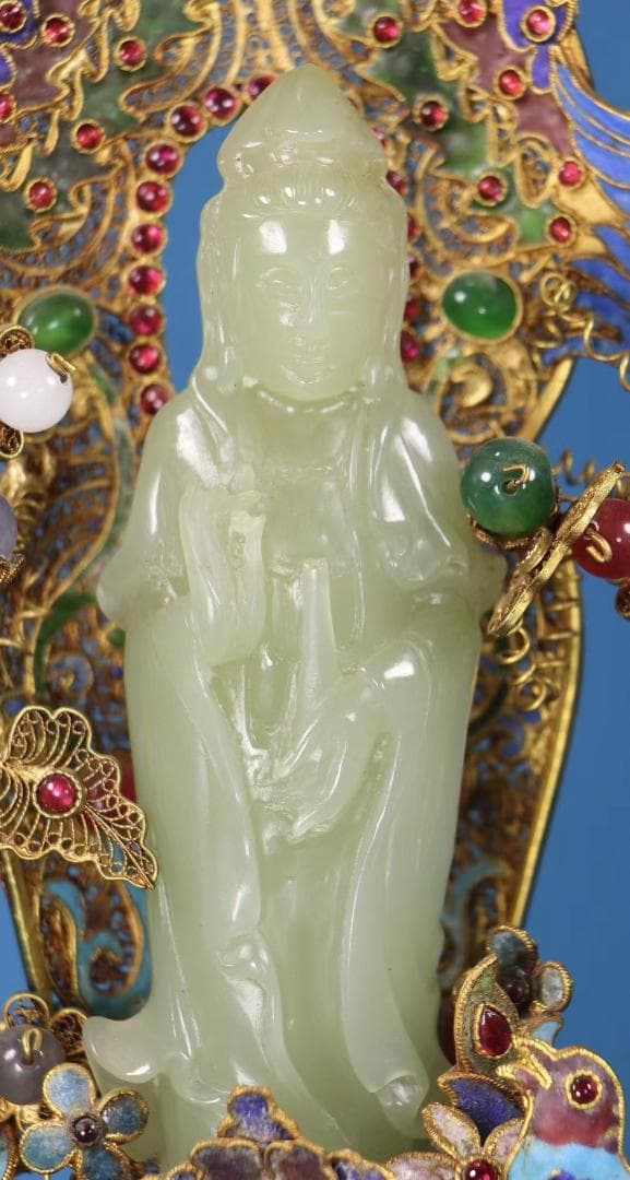中国古美術・珍品旧蔵・和田玉・掐絲鎏金観音像・置物・純手作り・風水開運・供養仏像