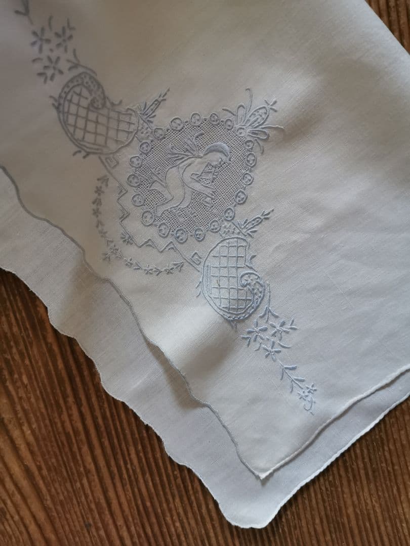 アンティーク アペンツェル刺繍レース 笛を吹く天使 ブルーニードルワーク クロス