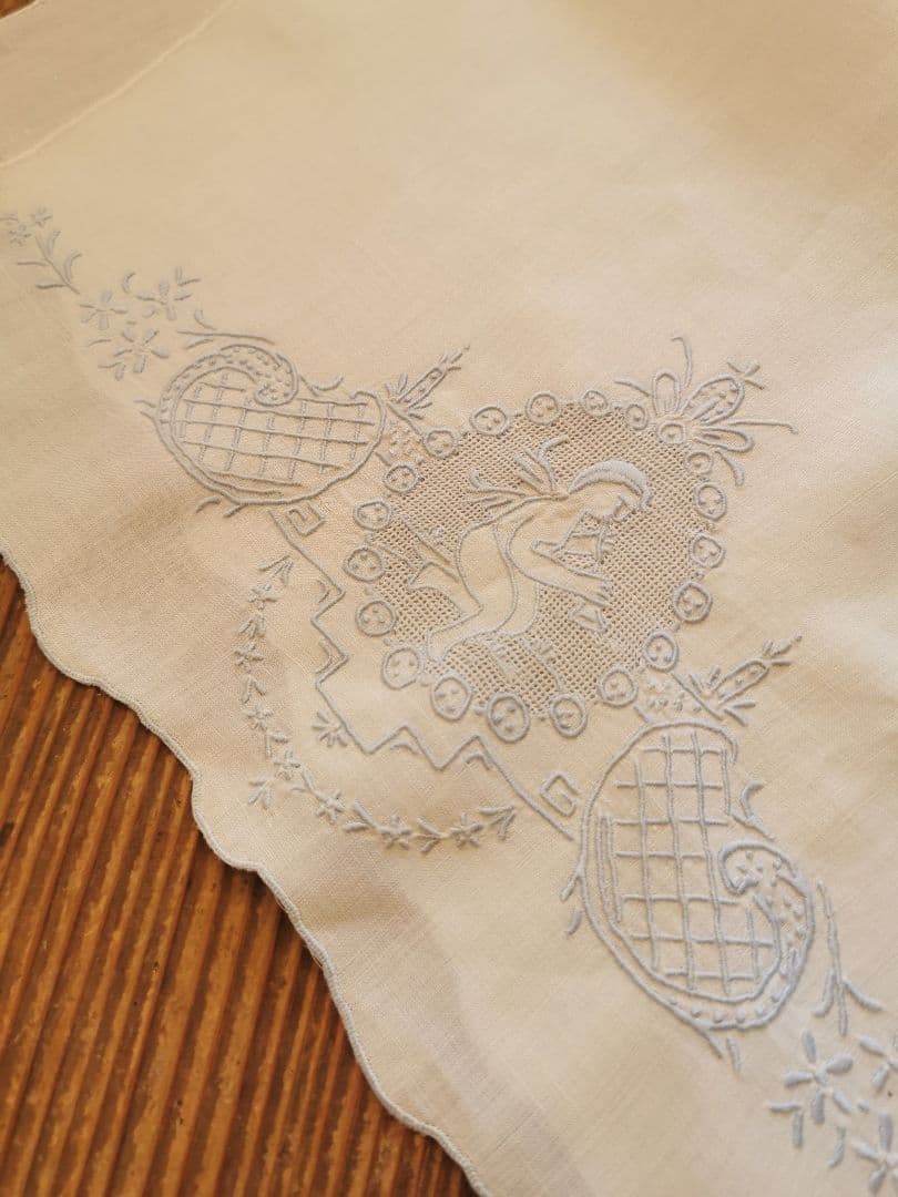 アンティーク アペンツェル刺繍レース 笛を吹く天使 ブルーニードルワーク クロス