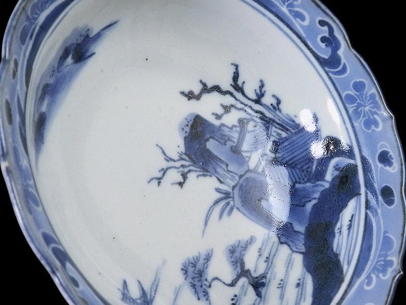 古伊万里　染付　墨弾　桜花に波　楼閣山水図　膾皿　５客　A634AS-CVz