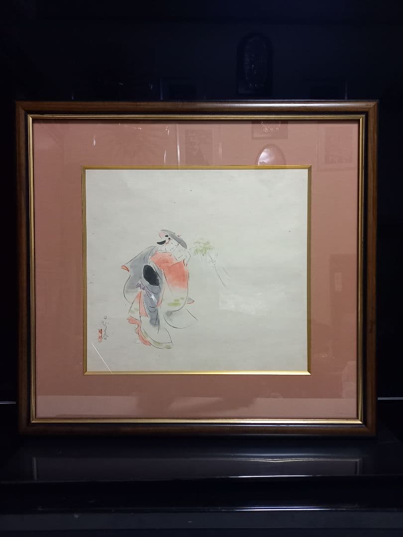 希少　角谷日沙春　美人画　和紙　日本画　記名　押印　有り　額装飾