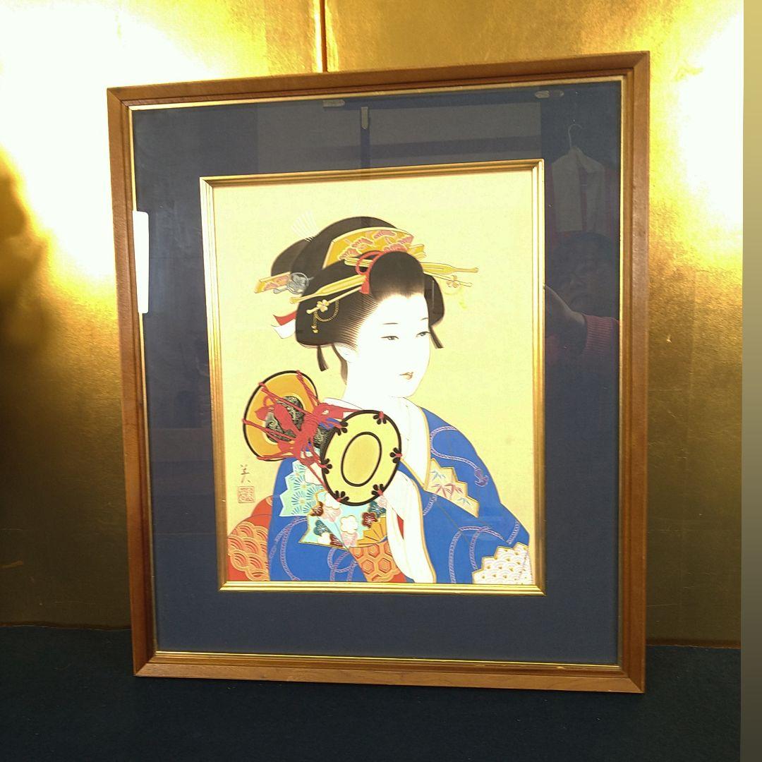 AC83 【真筆】長井美智子(初音）日本画 美人画 佳 芸者 鼓 額装 絹本肉筆