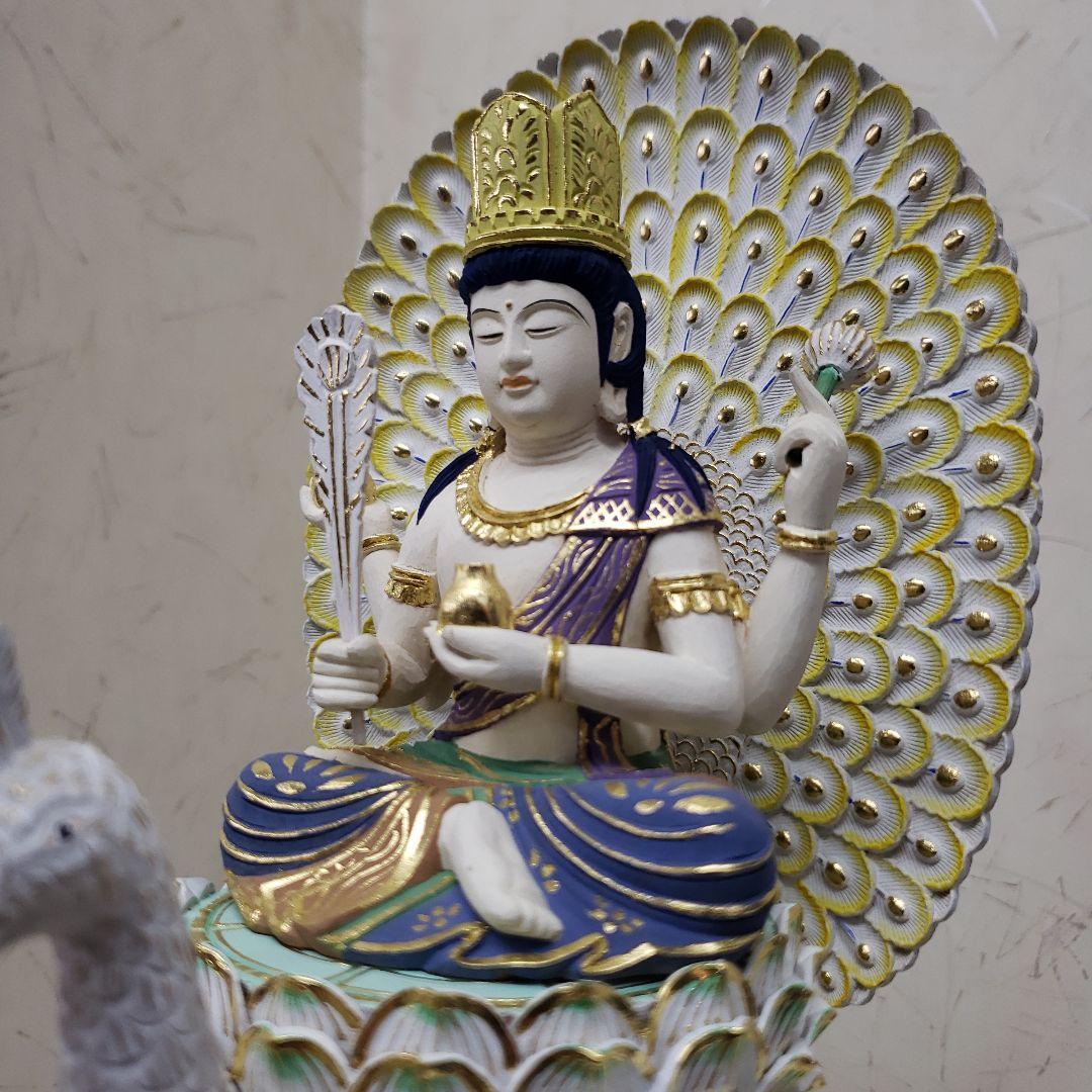 Ｂフライデー　最強魔除け仏像★柘植 孔雀明王像3寸 極彩色 錐金眼入★病魔退散