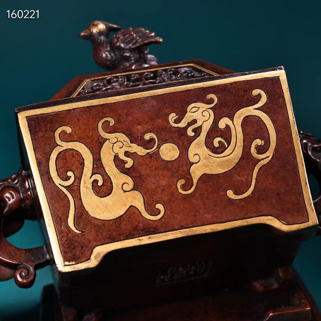 中国古美術・珍蔵·稀少品・紫銅・純手作り・鎏金高浮彫香炉・熏香爐・置物