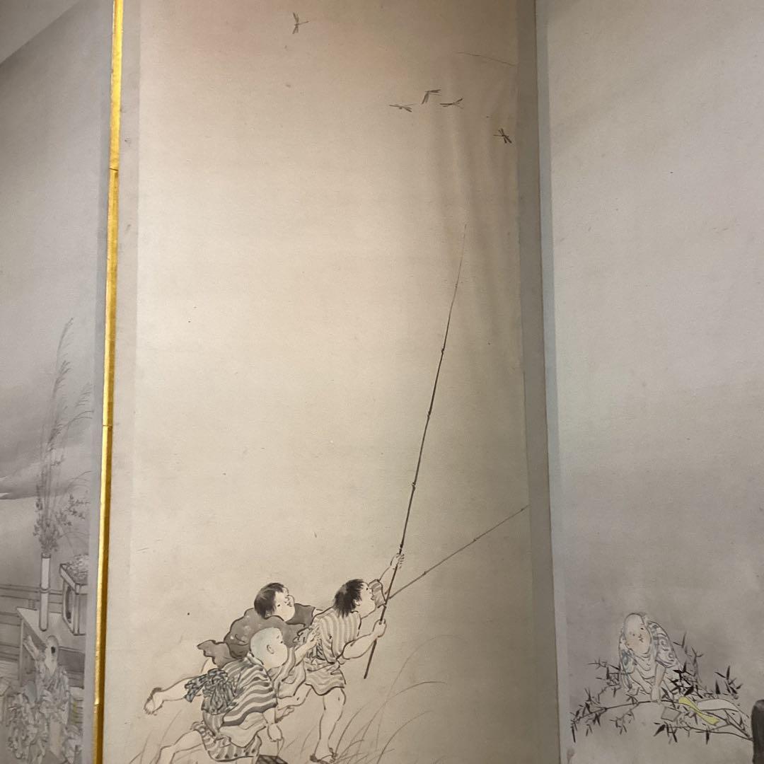 O-34日本の伝統的な屏風 子供遊びの図①六曲一双　パテーション水屋屏風としても