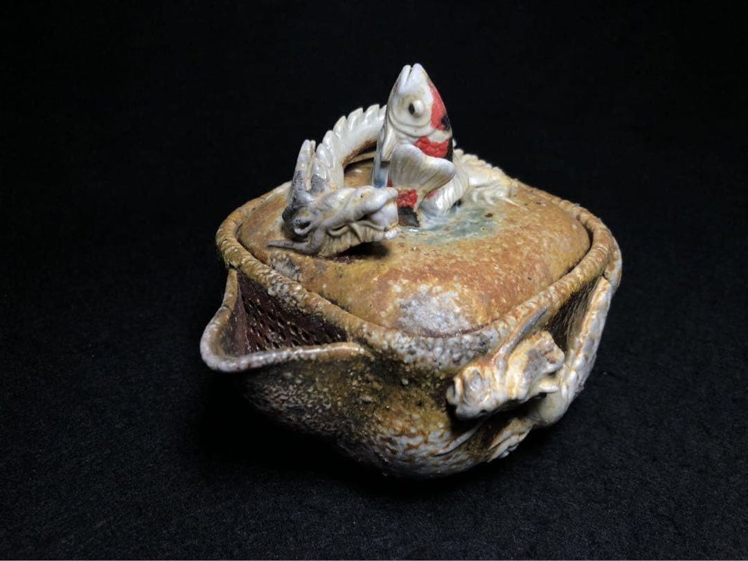 備前焼　森脇弘行　四角手造　鯉龍宝瓶　２白龍張　煎茶道具　備前　急須　陶器