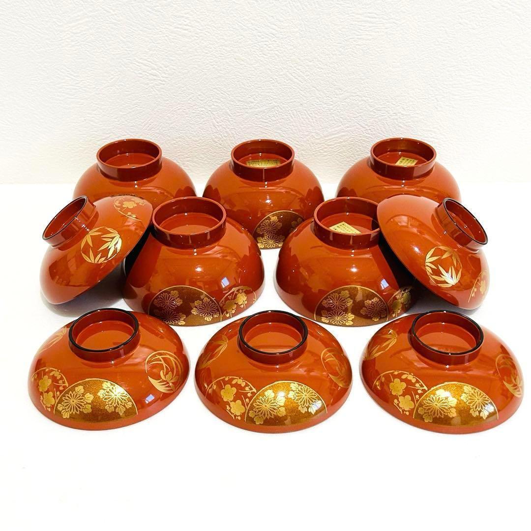 ⭐️ 会津塗 天然木加工品 四君子蒔絵 朱内朱 蓋付きお吸物椀揃 5客 ⭐️