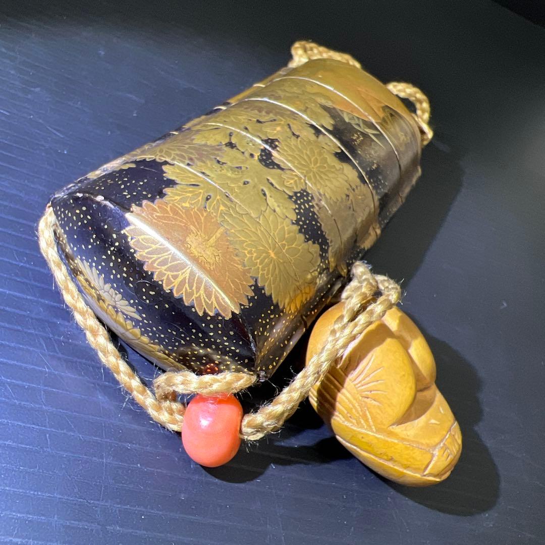 江戸時代　山田常嘉斉　極上蒔絵印籠　木箱付　76g 東Y7-1016☆2F