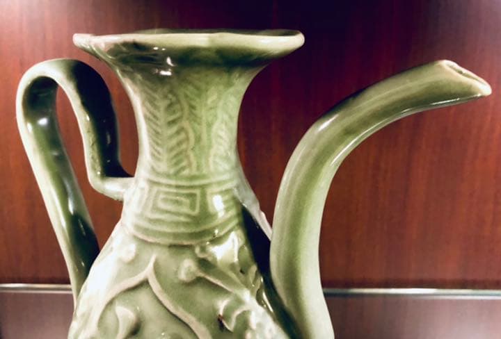 中国青磁　碧緑　骨董　福寿急須　花口瓶　明時代　高古瓷