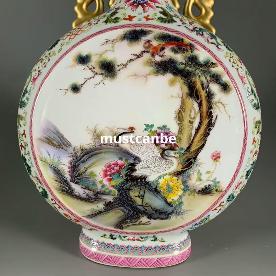 乾隆蒔山山水松鶴延年図抱月瓶 花瓶 景徳鎮 陶磁器 装飾品現代工芸品美術品 置物