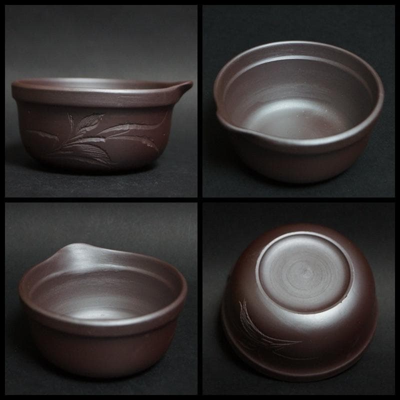 萬古焼 昇龍園造 細工彫『花文』紫泥 急須 湯冷まし 煎茶碗(五客)煎茶器揃え