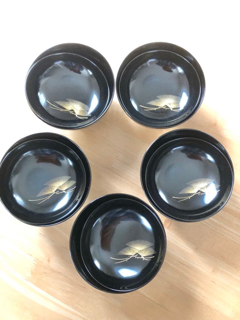 【輪島塗】【希少】木製漆器 吸物椀 蓋付き（見開きまで模様付き）5客セット