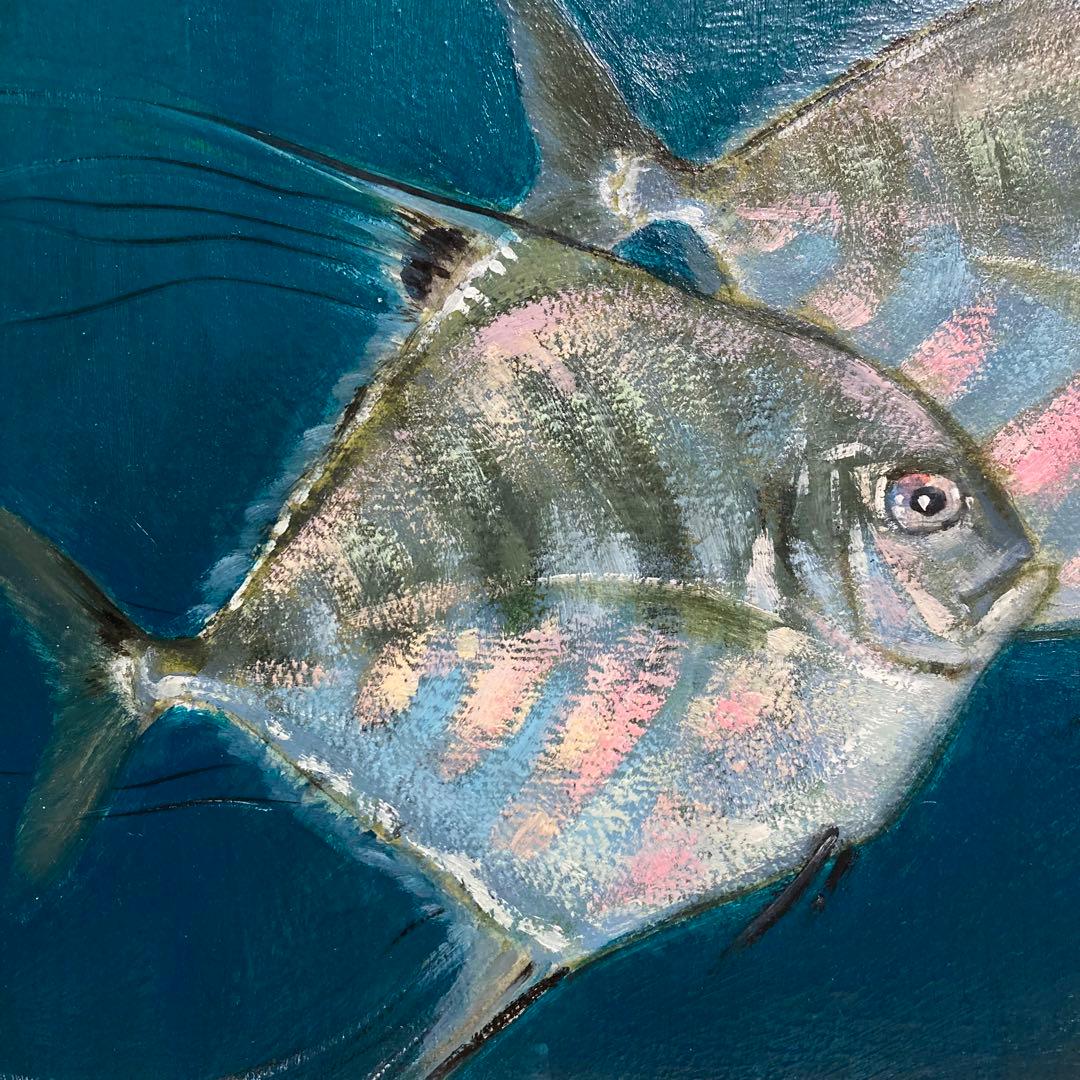 【真作保証】柴原皖「糸引鯵」油彩4号 直筆サイン 裏書き有り 絵画 シール有り