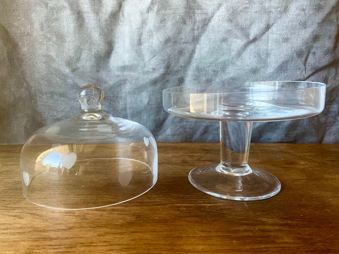 吹きガラスコンポティエ&ドームカバー　フランスアンティーク ケーキスタンドハート