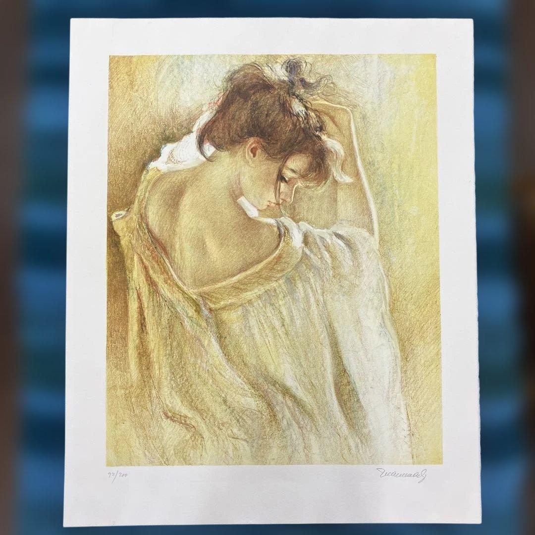 34111010 リトグラフ 版画　外国作家サインあり「髪を結う女性」