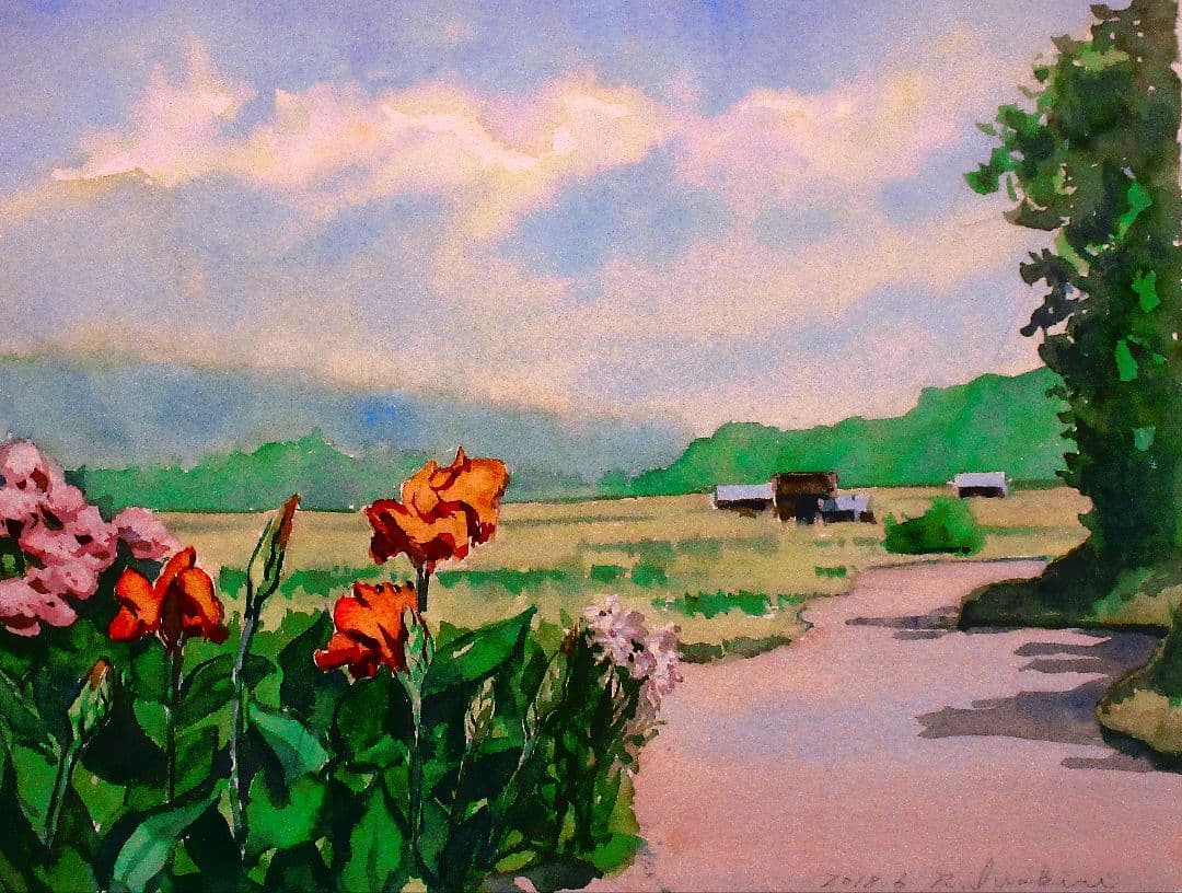 水彩画 風景画 花のある風景