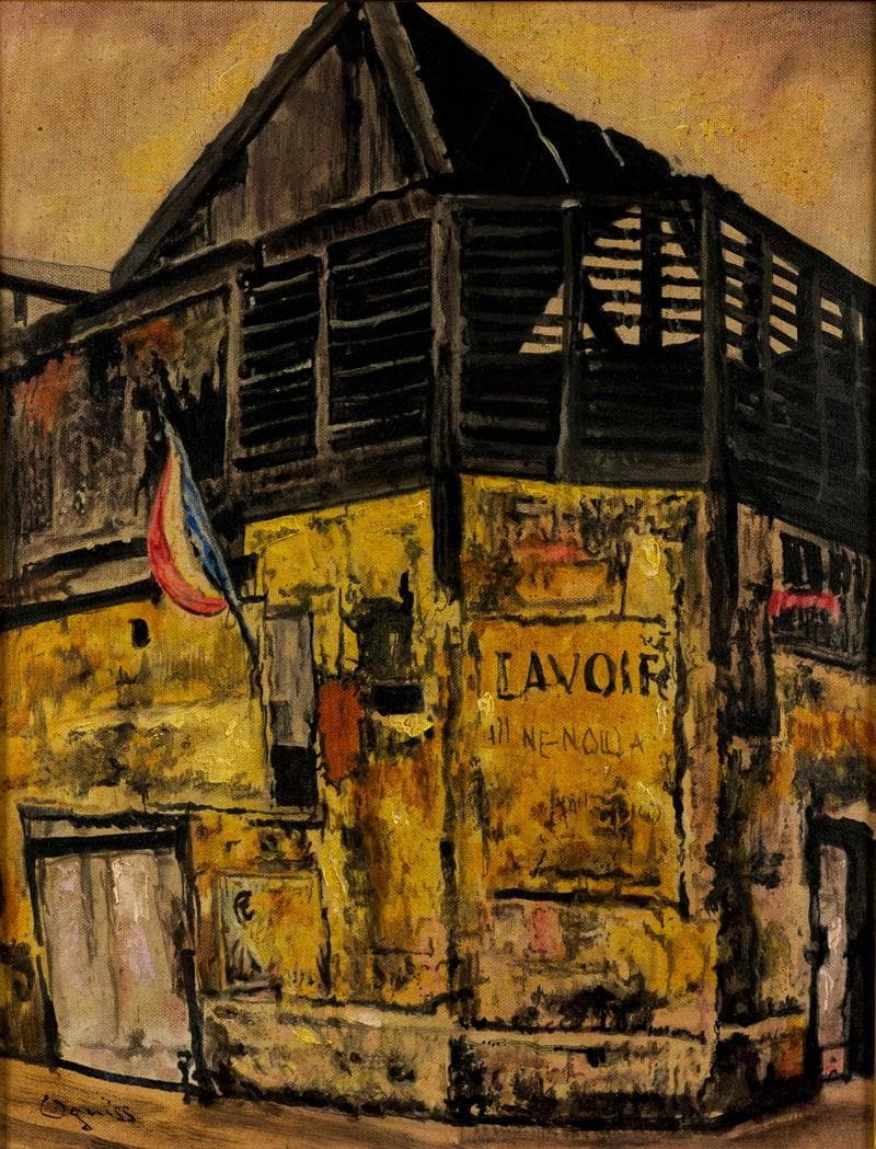 荻須高徳　油彩　肉筆『洗濯物』サイン　長谷川徳七鑑定　F6号　額装　b590