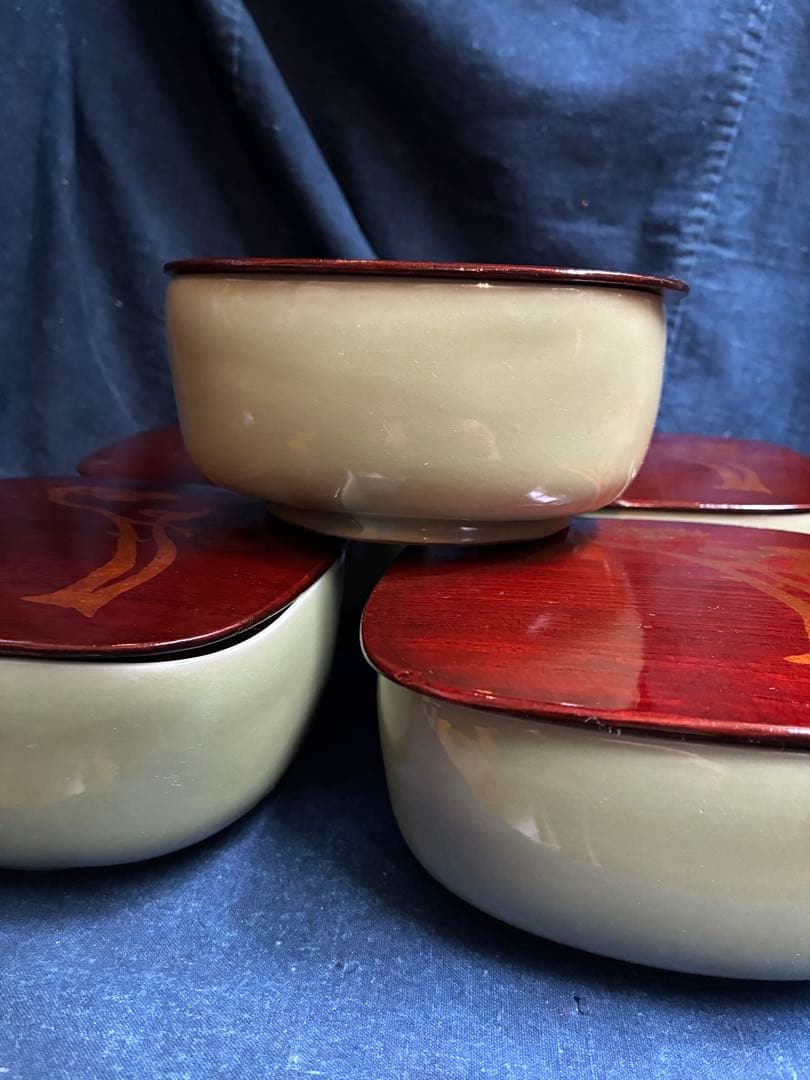 青磁　天龍寺青磁枡形向付　5客　宮永東山　共箱　荒川豊蔵の出た窯　北大路魯山人