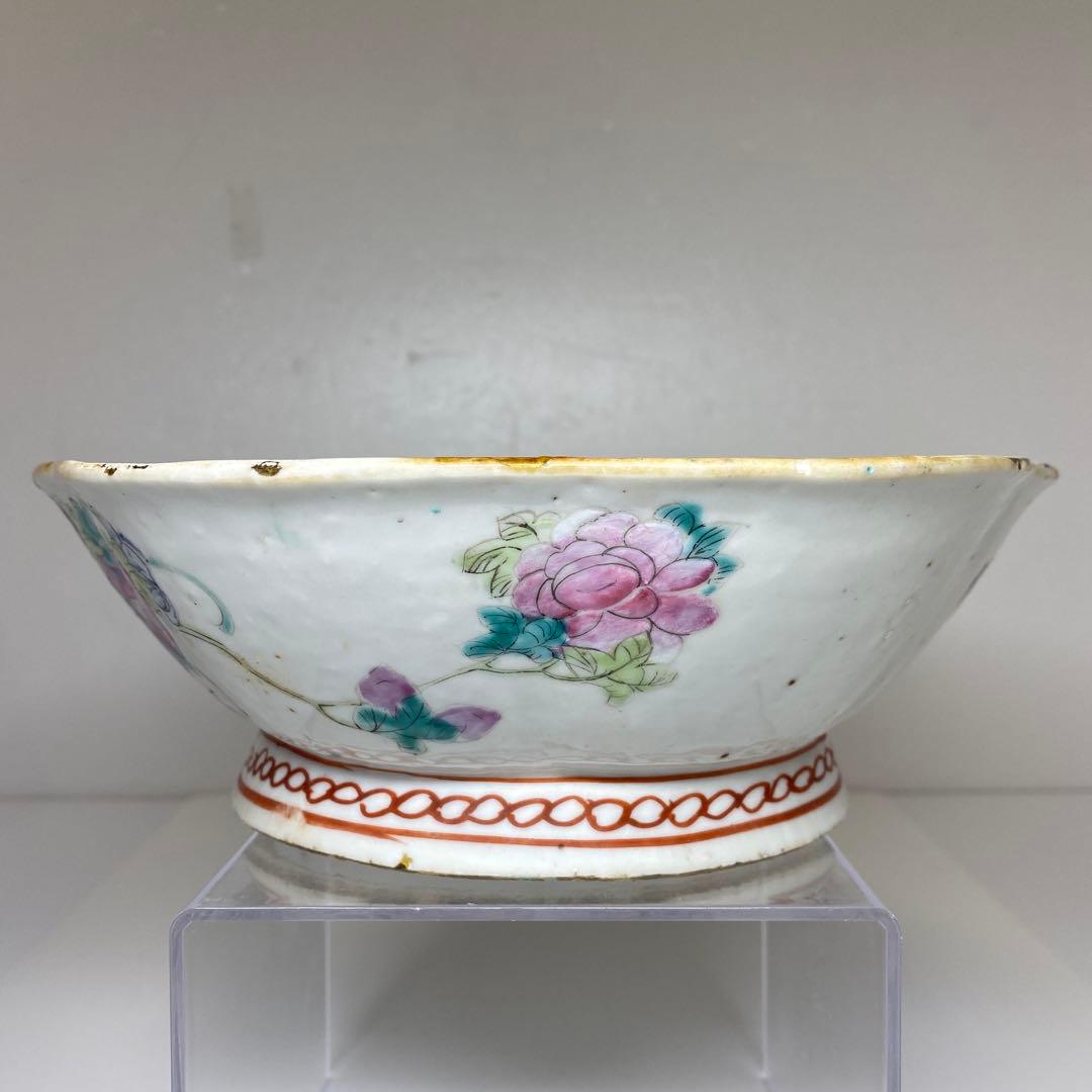 中国清時代　粉彩花鳥画鉢　幅約22㎝　東Y7-0331②タサオ