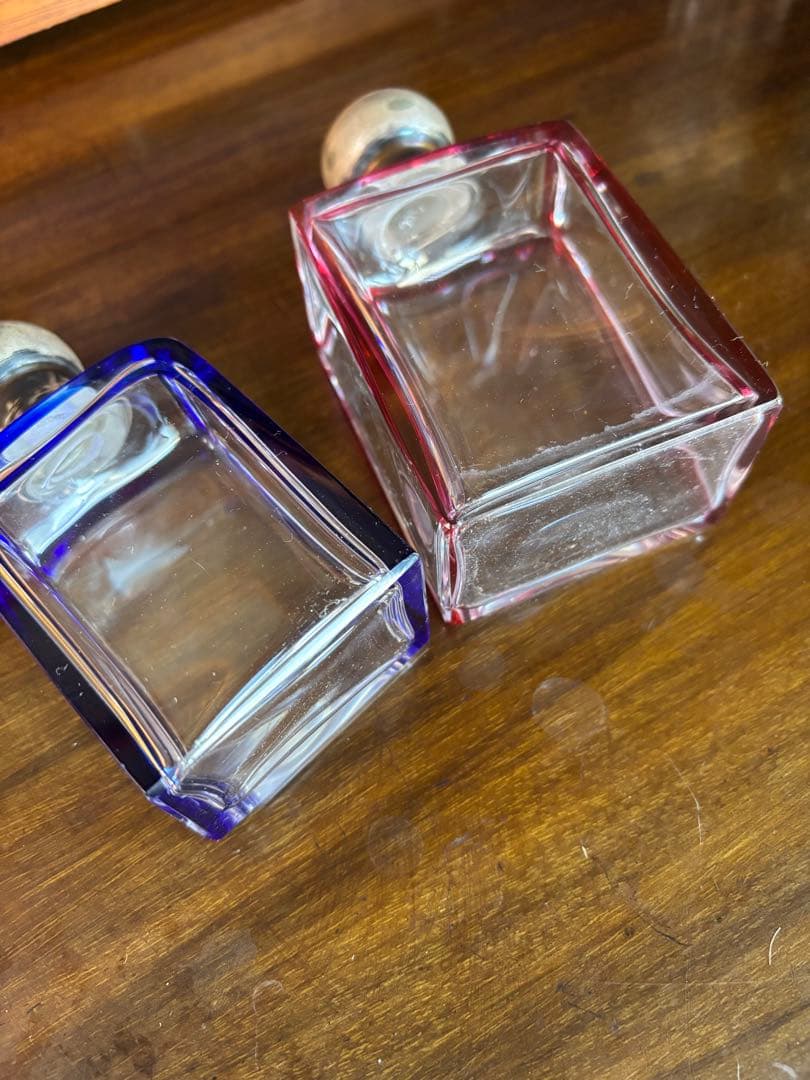 フランス アンティーク ガラス香水瓶 2点セット ブルー&レッド エッチング