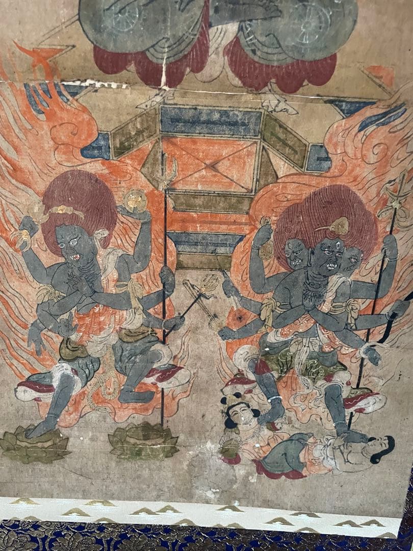 江戸(倉庫)稀少 古い 仏画 明王像 肉筆掛け軸 時代 仏教美術 仏教版画