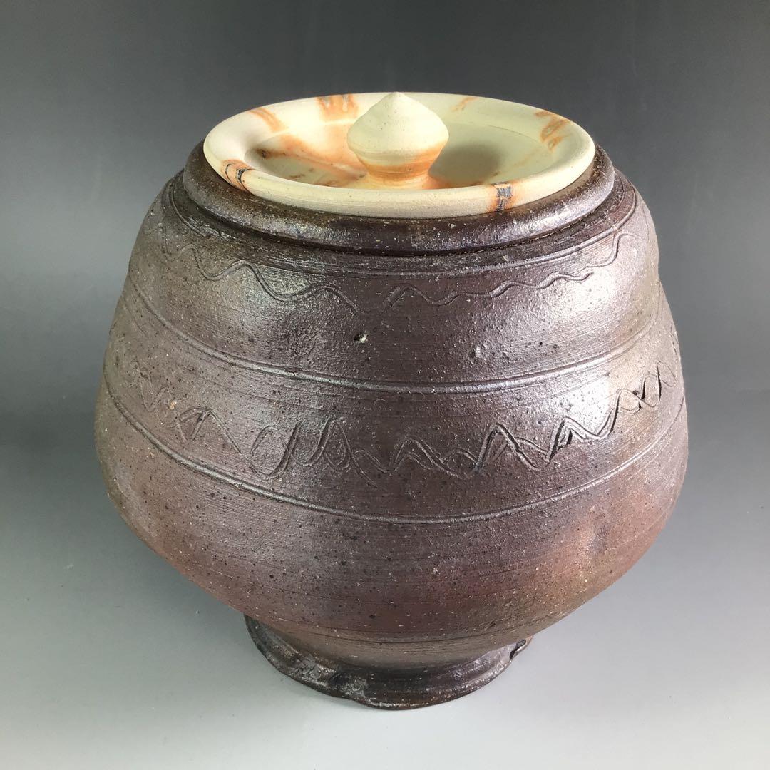 Ｒ５０３　水指　『萬古焼』『堀野証嗣造』『赤絵蓋』『替蓋付』『南蛮水指』　共箱