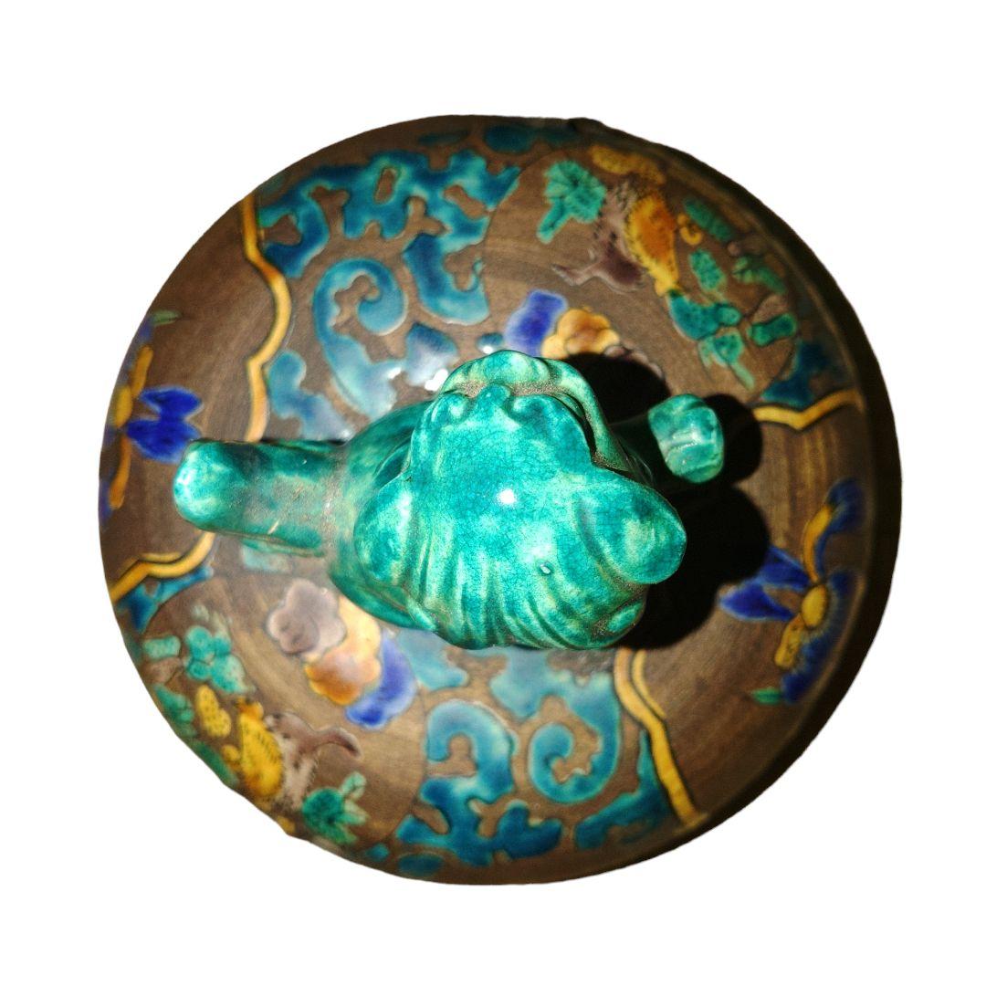 古青手九谷焼　緑釉獅子付香炉　高さ35cm