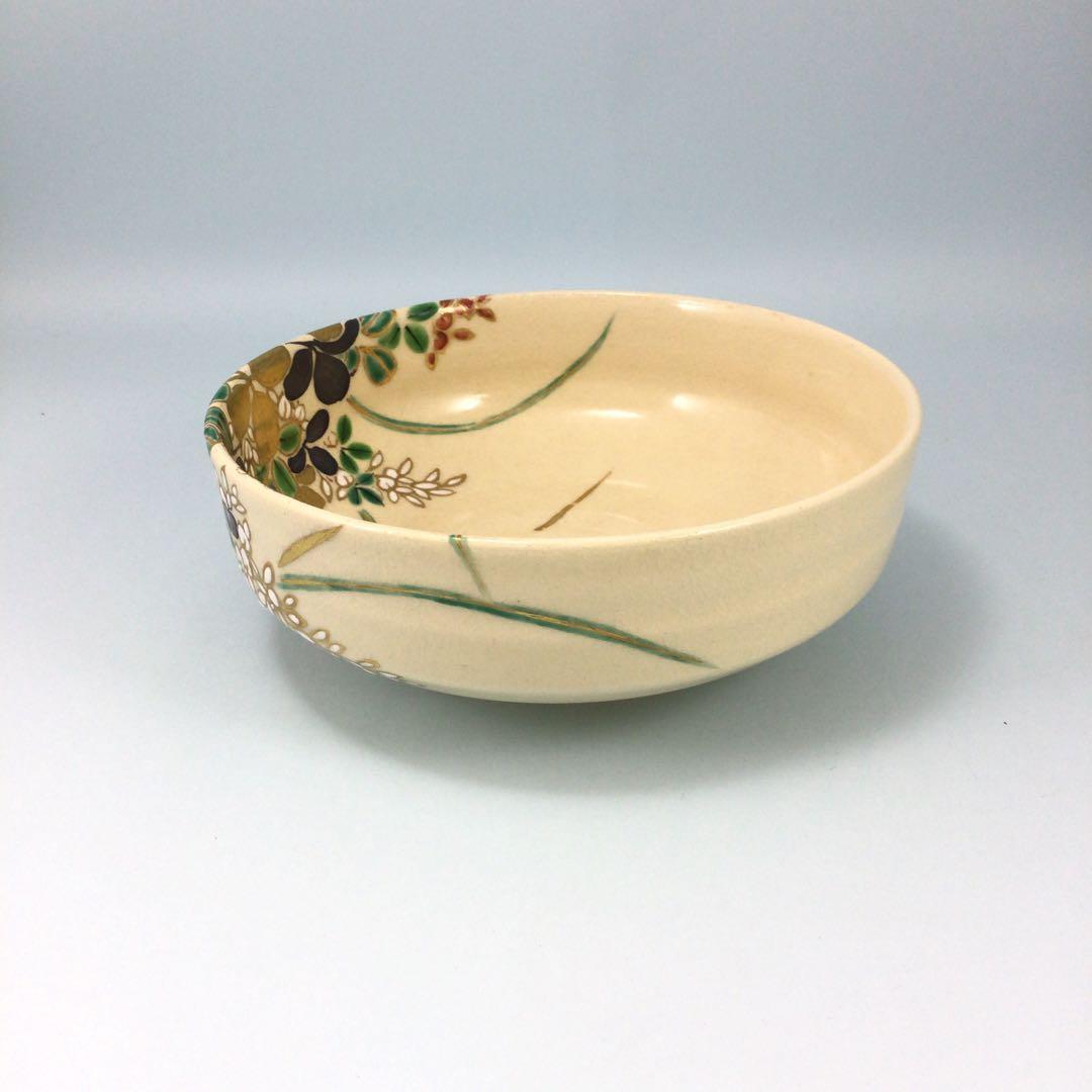 五代真葛香斎　萩絵平茶碗　平たく華やかな京焼抹茶碗　茶道具