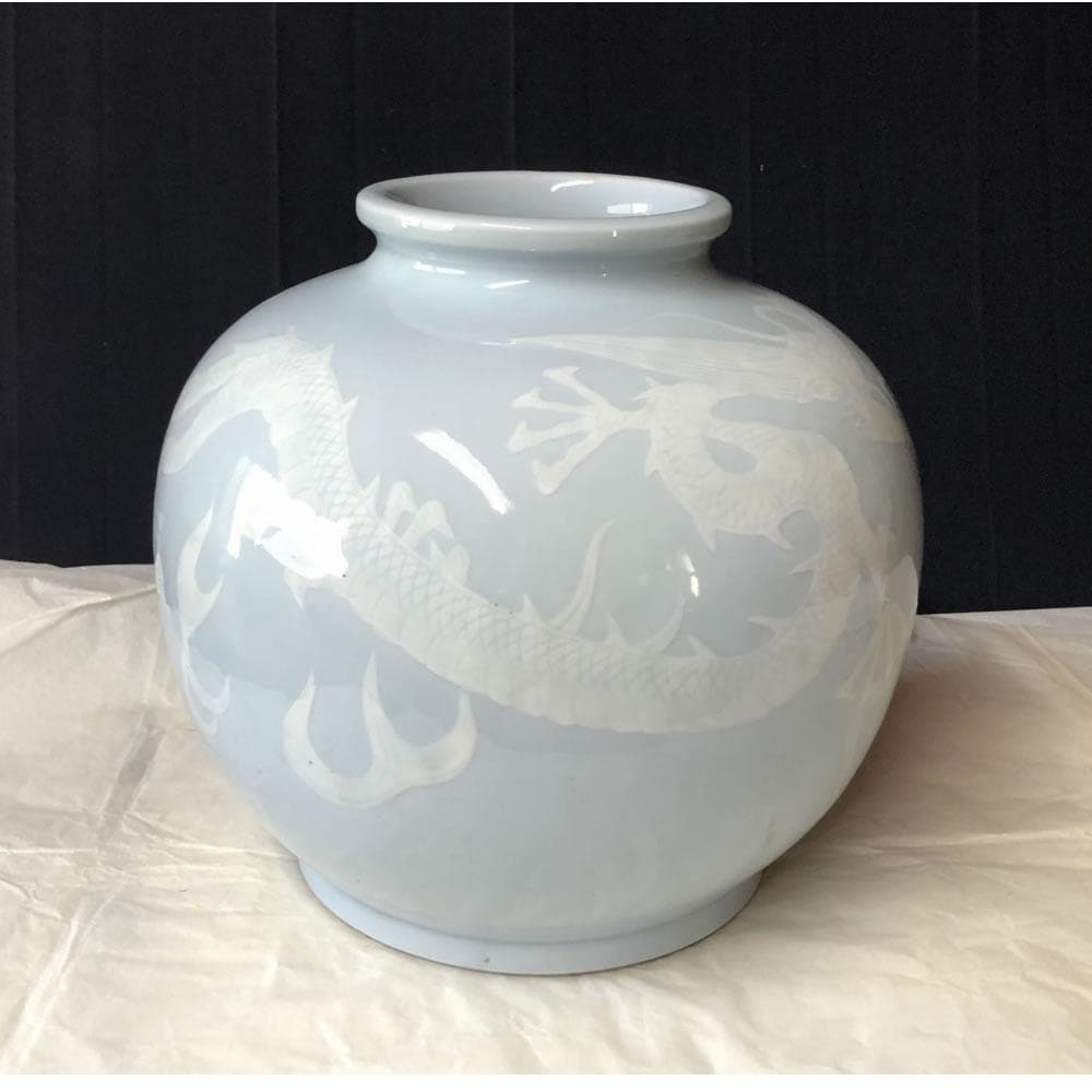 p001 京焼 青磁 龍紋 壺 渓山 銘 高さ22.5cm 壷 花器