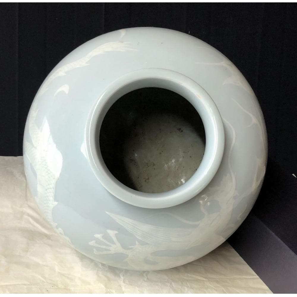 p001 京焼 青磁 龍紋 壺 渓山 銘 高さ22.5cm 壷 花器