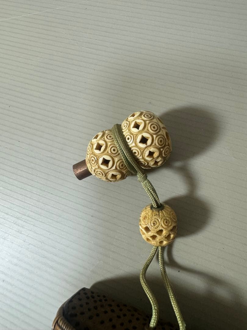 2120  骨董　竹製瓢箪根付煙草入れ　提物　提げ物　竹細工　時代物