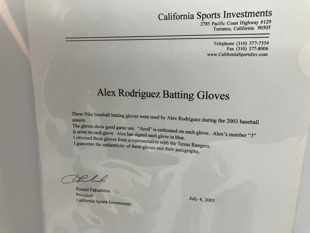 アレックス・ロドリゲス　2003年MLB公式戦 実使用バッティンググローブ