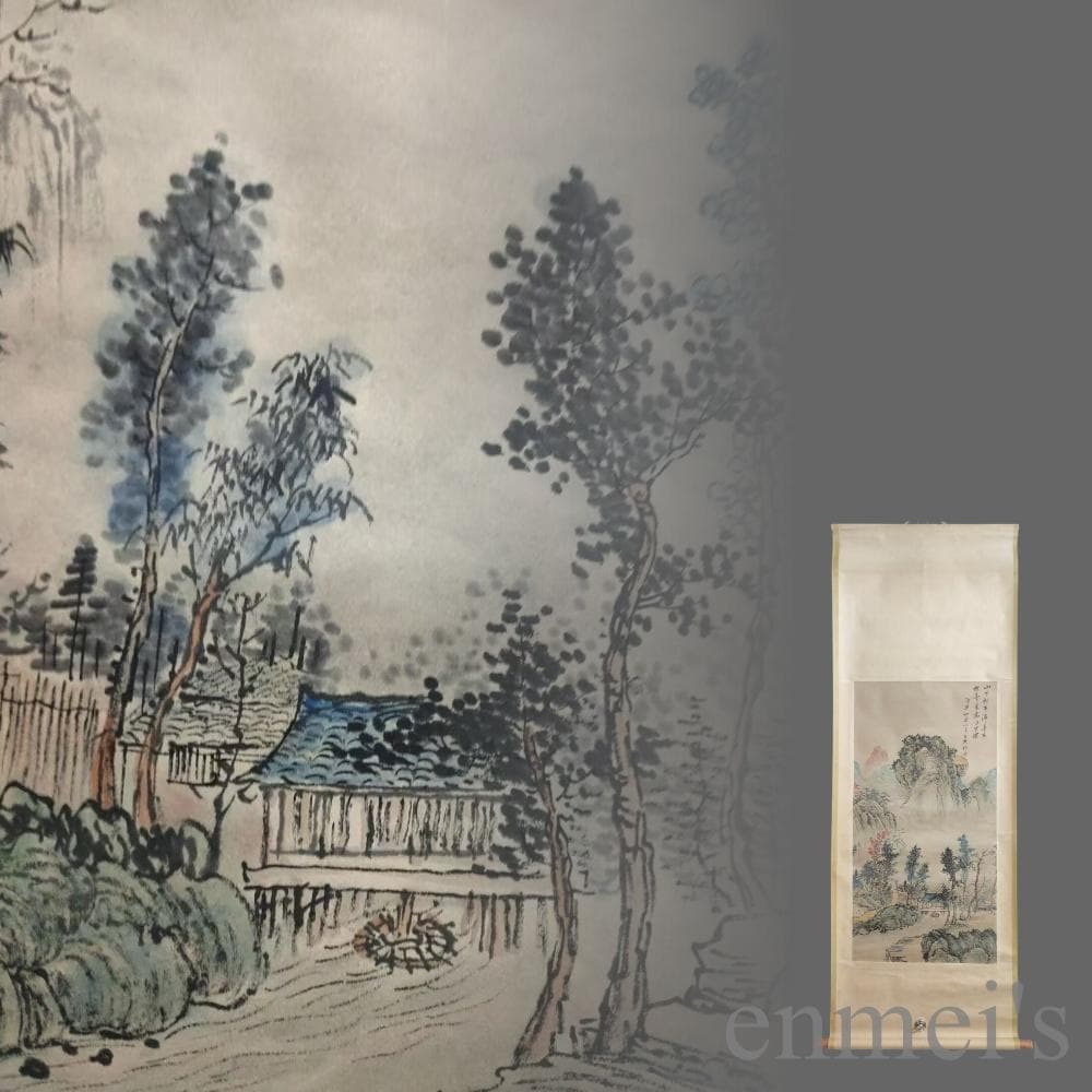 中国古美術.清時代.王原祁款.山水図.宣紙画.三尺手描き.水墨画.掛軸.詩文付き