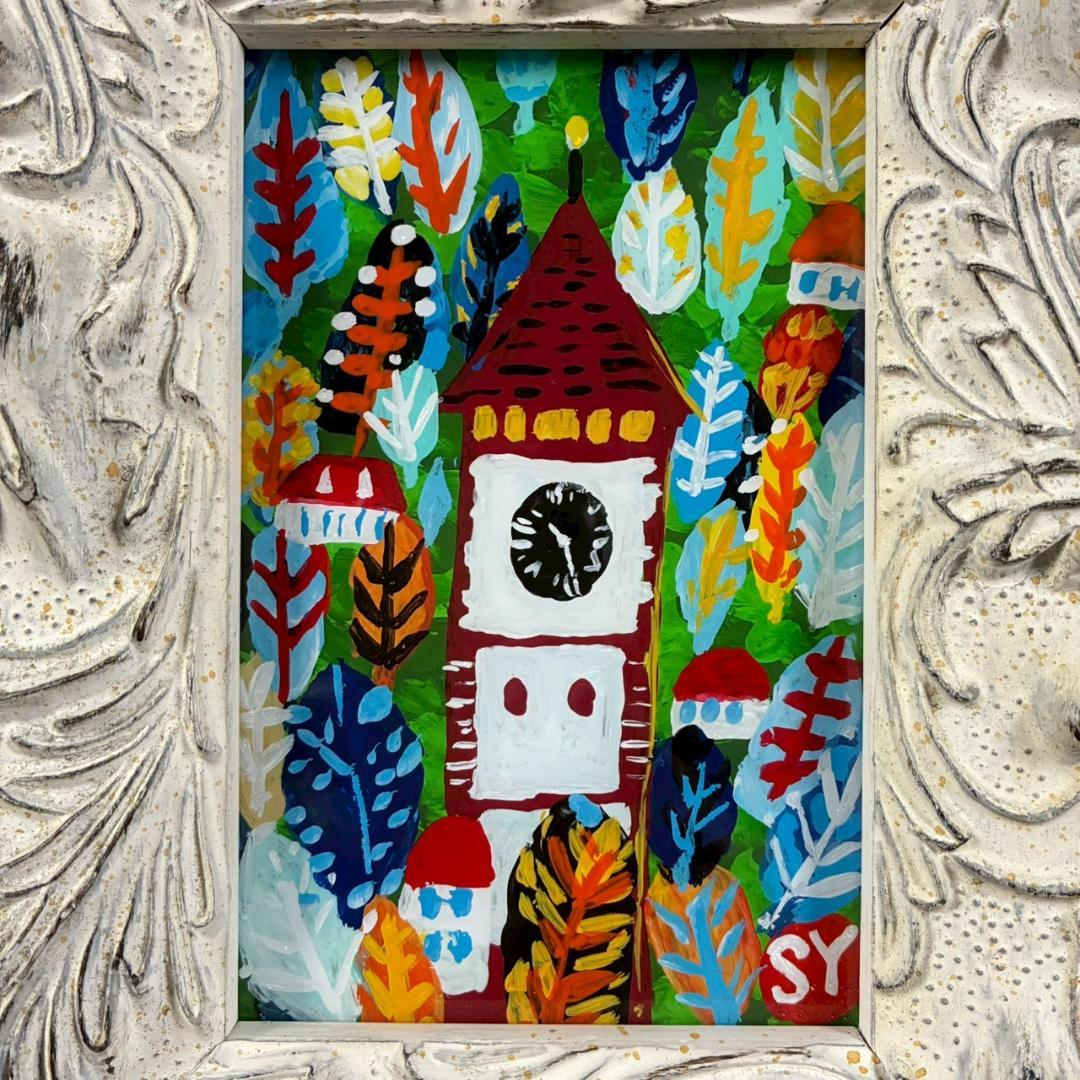 柚木沙弥郎「時計台の森」ガラス絵 肉筆 直筆サイン入 共シール 民藝 人気染色家