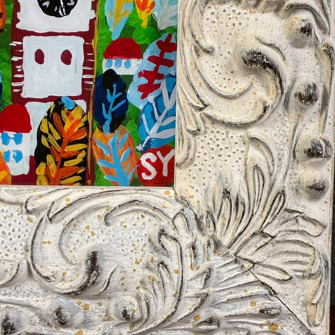 柚木沙弥郎「時計台の森」ガラス絵 肉筆 直筆サイン入 共シール 民藝 人気染色家