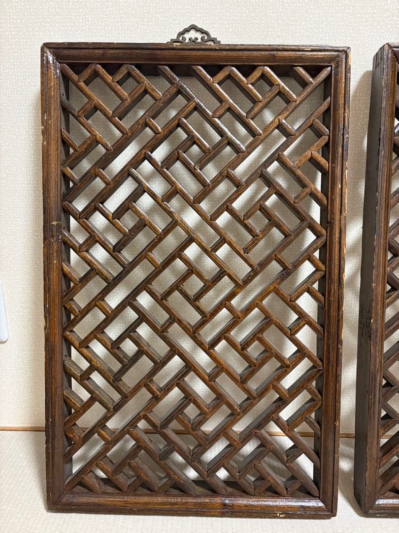 中国アンティーク☆木製建具☆シノワズリ☆欄間☆格子模様☆壁掛け装飾☆2枚セット