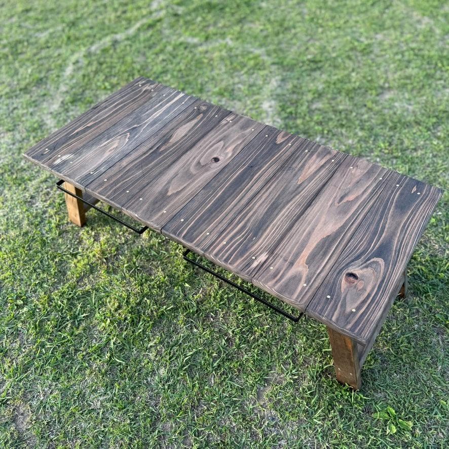 キャンプテーブル 折りたたみ 幅84cm ローテーブル室内兼用 アイアンバー付き